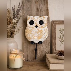 Rustic Shabby Chik Beige and White Owl Wall Hook Entryway Kitchen New